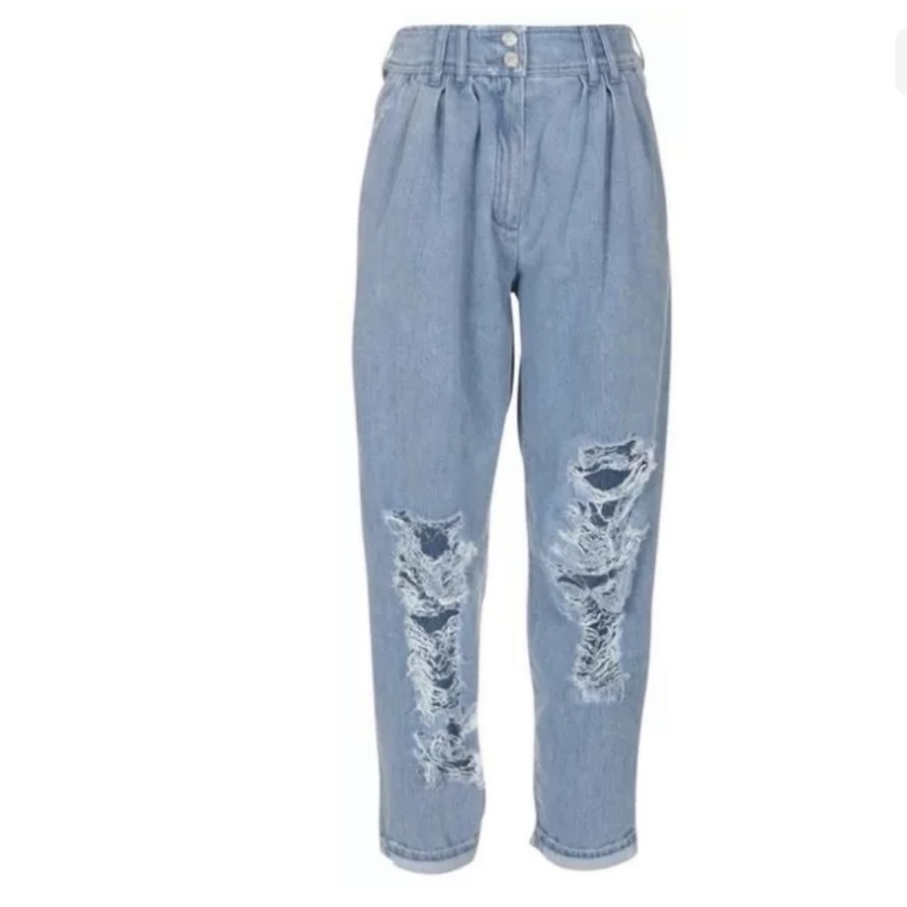 New Balmain Paris Women’s Light Blue Distressed Pleated Jeans Size FR 40 / US 8